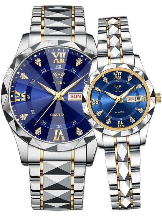 Men Women\'s Two tone band and Blue dial Watches Set Luxury Diamond for Couple main image 5